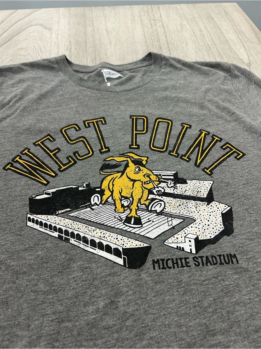West Point Michie Stadium Grey T‑Shirt with Gold Mule Graphic